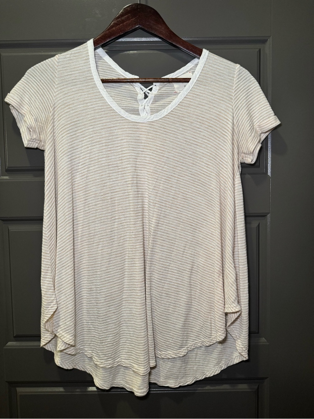 T.La Cream/Beige & White Striped Short Sleeve Tee with Back Tie